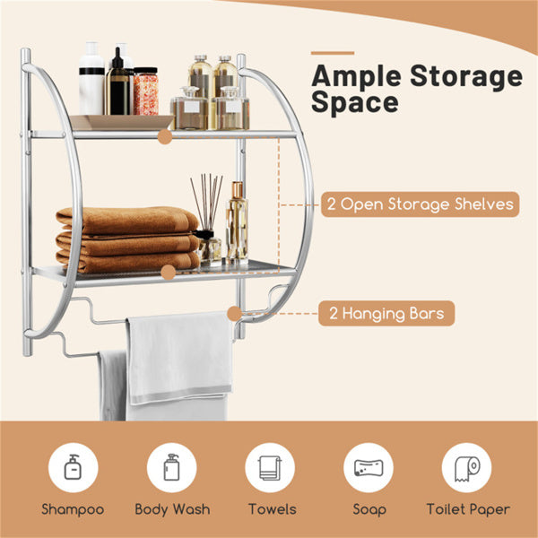 Wall Mounted Bathroom Storage Shelves, 22 Inch Rustproof Metal Towel Rack with 2 Open Shelves and 2 Hanging Bars for Towels Toiletries, Over Toilet