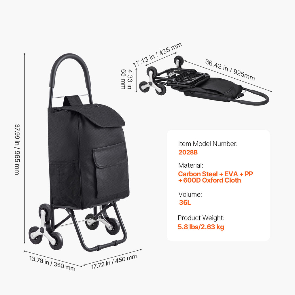 Foldable Stair Climbing Shopping Cart, 36L Utility Cart with 6 Wheels & Storage Bag, Heavy Duty Grocery Cart