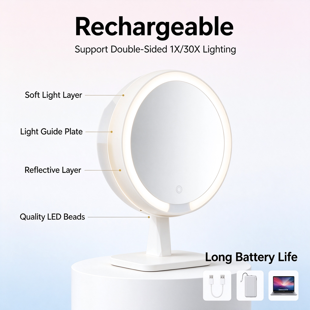 AEELLEEA Lighted Makeup Mirror, 1X/30X Double Sided Vanity Mirror, 3 Color Lights, Foldable 360° Rotatable Tabletop Mirror, Black