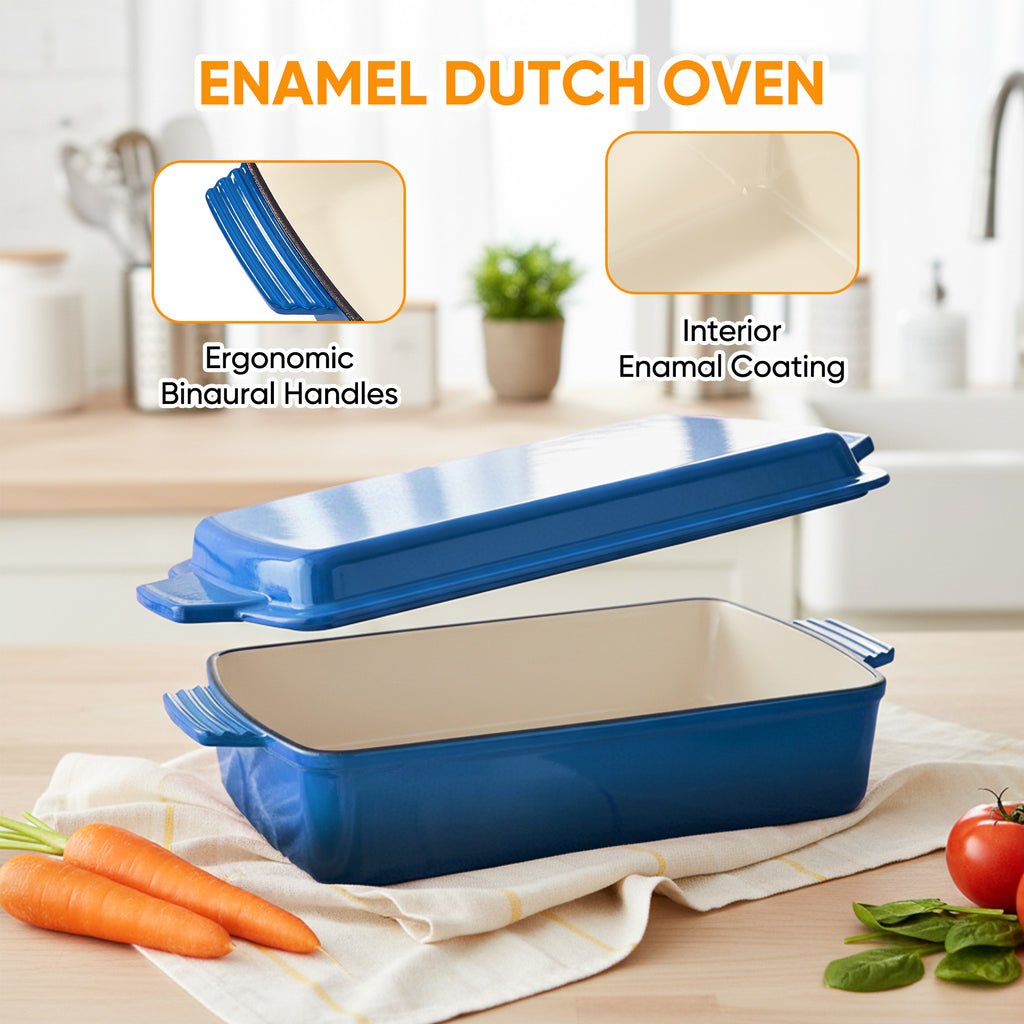 Enameled Cast Iron Rectangular Casserole Dish with Lid, Red & Blue Available, Heavy-Duty Bakeware for Braising, Roasting & Baking