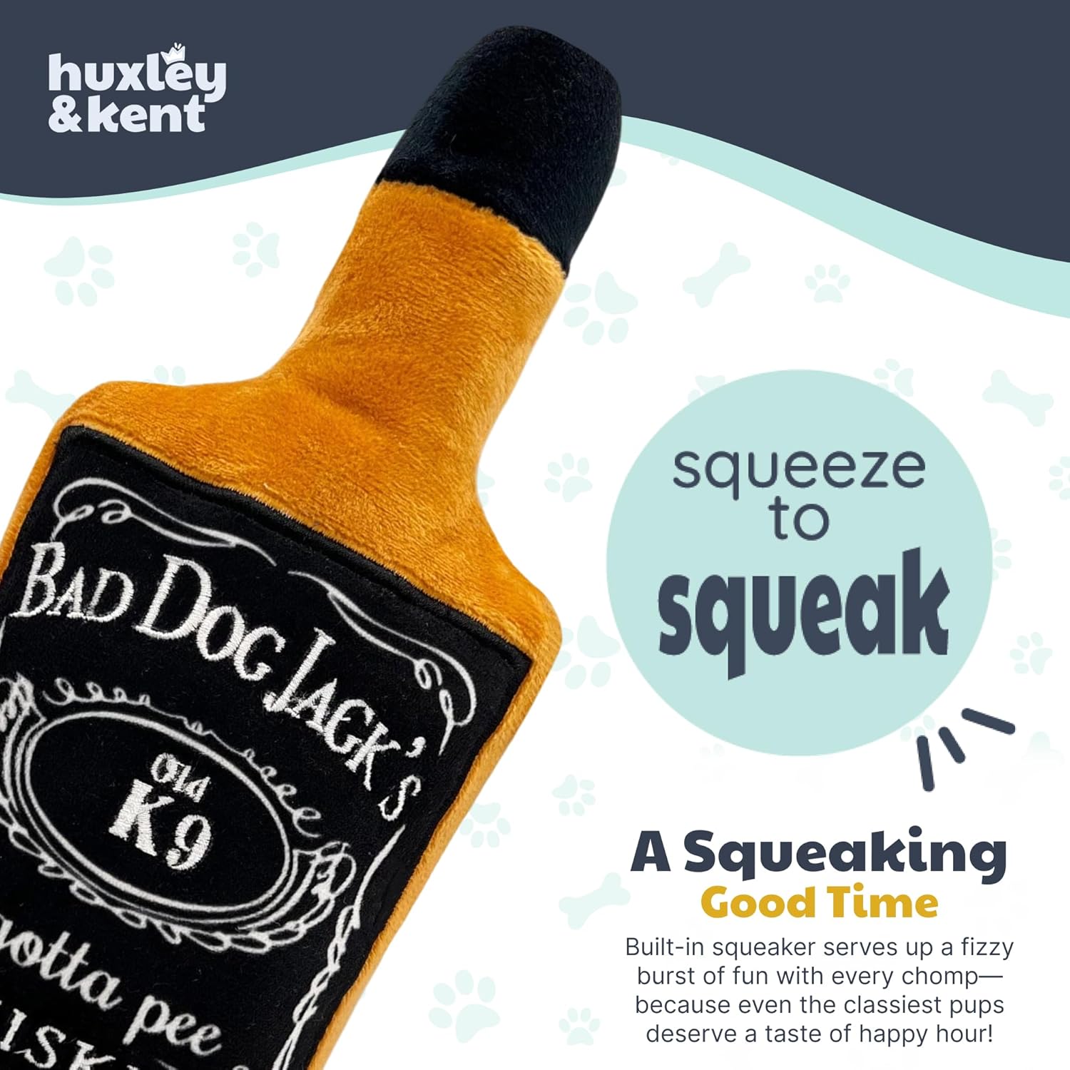 Huxley & Kent Funny Dog Toys w/Squeaker & Crinkl -Stimulating & Interactive Chew Toy for Dogs - Mesh Lined Stuffed Doggie Toy - Easy to Clean Doggie Toys for All Breeds (Bad Dog Jack's Whiskey,Small)