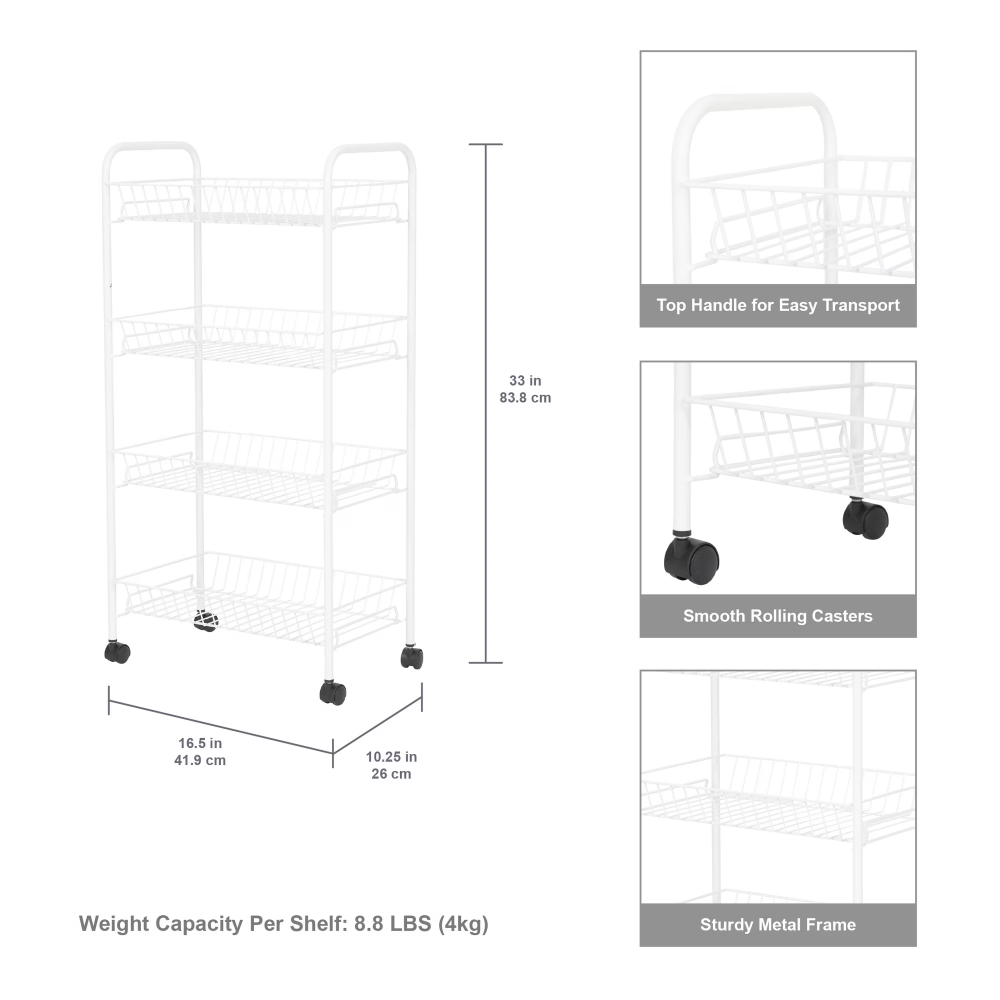 AEELLEEA 4-Tier Rolling Metal Wire Basket Cart, White Mobile Storage Organizer with Wheels, Utility Rack for Bathroom, Laundry & Kitchen