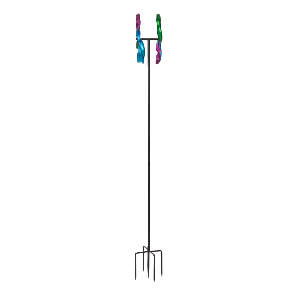 Double Wheel Rainbow Windmill Green Purple Blue, Outdoor Garden Yard Decor Pinwheel Kids Toy with Ground Stake