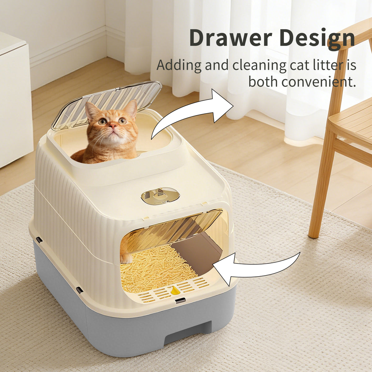 Enclosed Cat Litter Box with 2-Way Transparent Door and Litter Sifting Step, Removable Easy-Clean Design, Beige & Gray