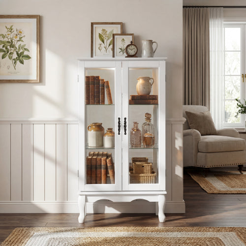 AEELLEEA White Curio Display Cabinet with Acrylic Mirror Back, Adjustable Tempered Glass Shelves, Double Glass Door Wooden Showcase for Collectibles