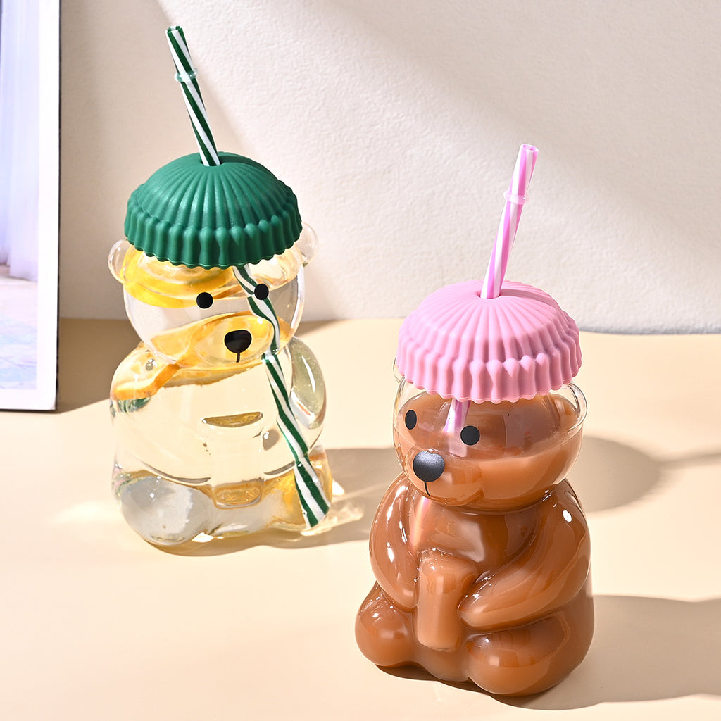 Bear-Shaped Plastic Tumbler with Lid and Reusable Straw, 16.9 fl oz, Clear and Green
