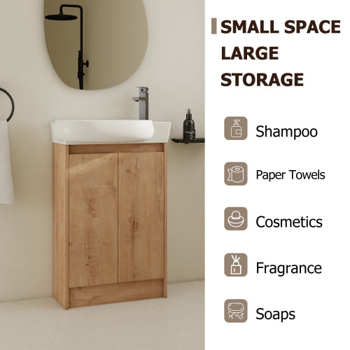 23 Inch Bathroom Vanity with Sink, Freestanding Light Oak Bathroom Cabinet with Ceramic Basin, Soft Close Door