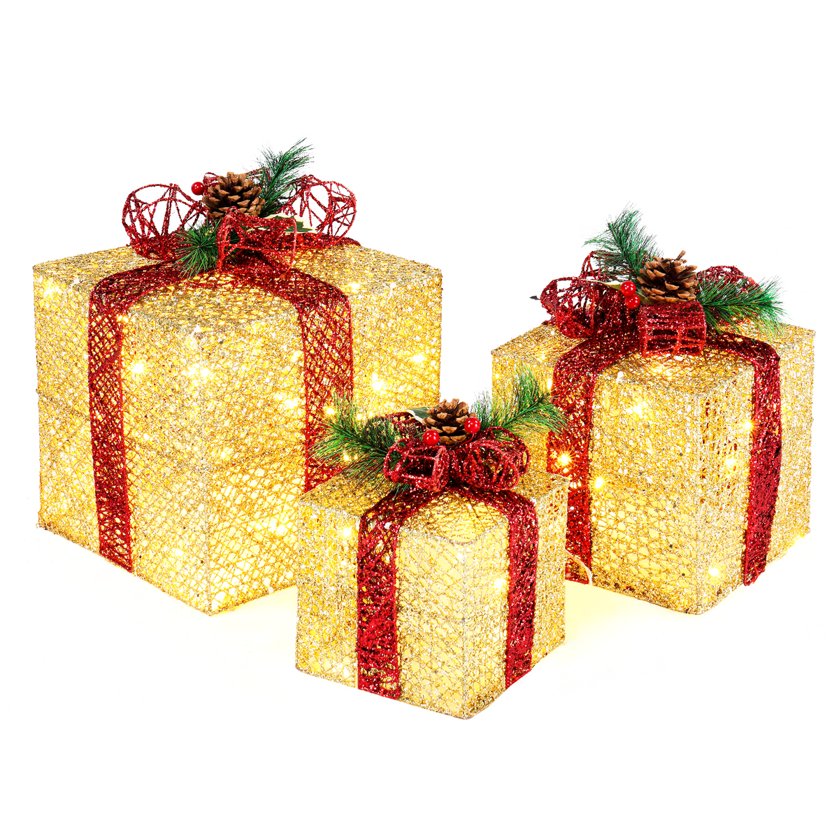 AEELLEEA-3Pcs Golden Lighted Gift Box Decor Set, 10/8/6 Inch, with 5M UK Plug Power Cord, Illuminated Gift Boxes for Christmas Holiday Garden Indoor Outdoor Decoration