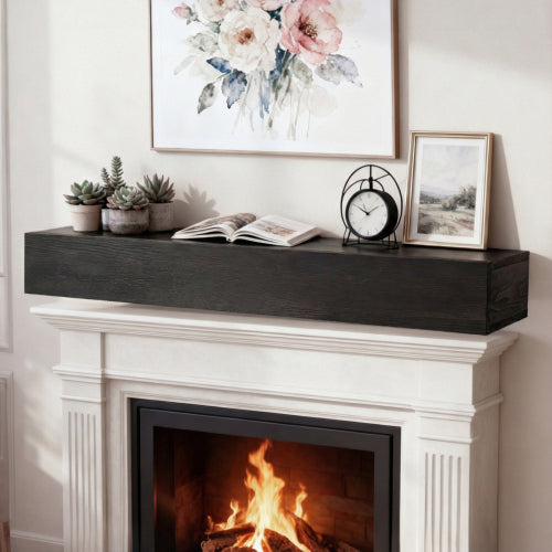 AEELLEEA 48-Inch Solid Wood Floating Fireplace Mantel Shelf, 9 x 6 in, Black, 50 lb Capacity