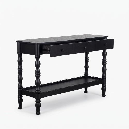 AEELLEEA 47.2" Black Farmhouse Console Table with 3 Drawers and Storage Shelf, Rustic Entryway Sofa Table with Turned Legs