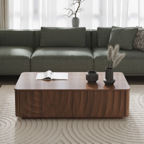 AEELLEEA Modern Walnut Coffee Table with Storage Drawer, Rectangular Living Room Table with Wave Pattern Design