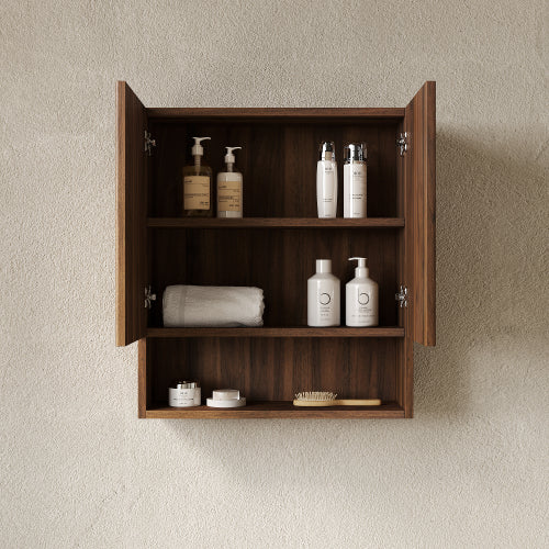 Wall Mounted Bathroom Cabinet, 26" Wood Storage Cabinet with Stripe Door and Open Shelf, Walnut Bathroom Organizer