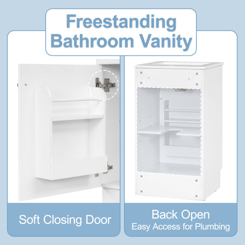 White Bathroom Vanity with Sink 18 Inch, Freestanding Small Bathroom Cabinet with Ceramic Basin, Soft Close Door