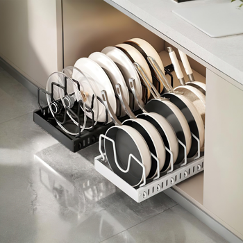 Pull Out Pot Pan Organizer for Cabinet, 8 Adjustable Dividers, Drill-Free Slide Cookware Rack for Pots Lids Dishes, Premium Carbon Steel