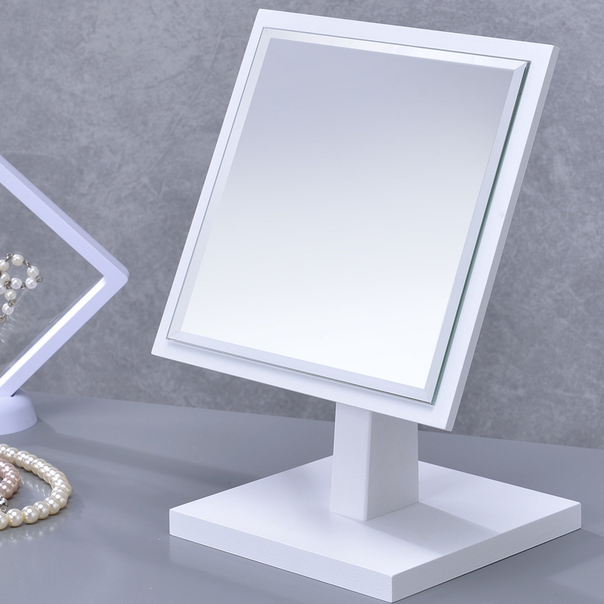 9.5 Inch Tall Polyresin & Wood Pedestal Makeup Mirror, White Finish Tabletop Vanity Mirror