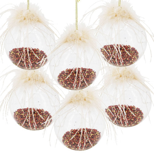 6 PCS Clear Christmas Ball Ornaments, Transparent Glass Xmas Baubles with Red Gold Beads and White Feather Tassel, Hanging Christmas Decorations for Tree Wreath Party