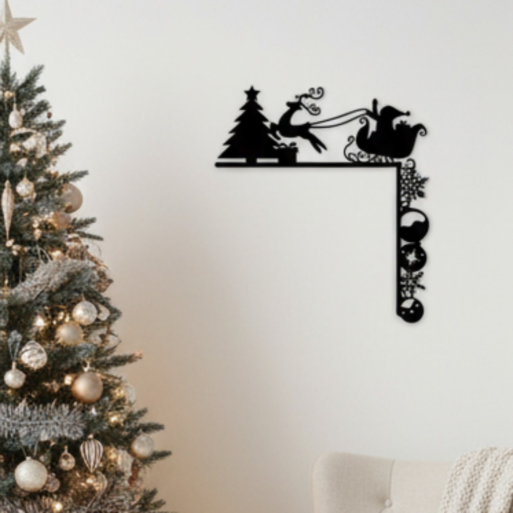 AEELLEEA Metal Christmas Door Corner Decor, Santa Sleigh & Reindeer Silhouette Wall Sculpture, Holiday Home Accent for Mantel, Christmas Party Decor & Gift