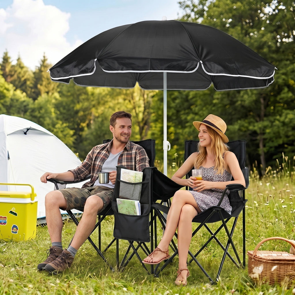 AEELLEEA Double Folding Camping Chair Set with 60" Sun Umbrella, Portable Outdoor 2-Seat Chair for Patio Beach