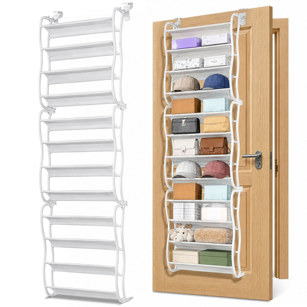 Over the Door Organizer 12 Tier, White Hanging Shoe Rack with Hooks for Heels Sneakers Slippers, Multi Function Storage for Entryway
