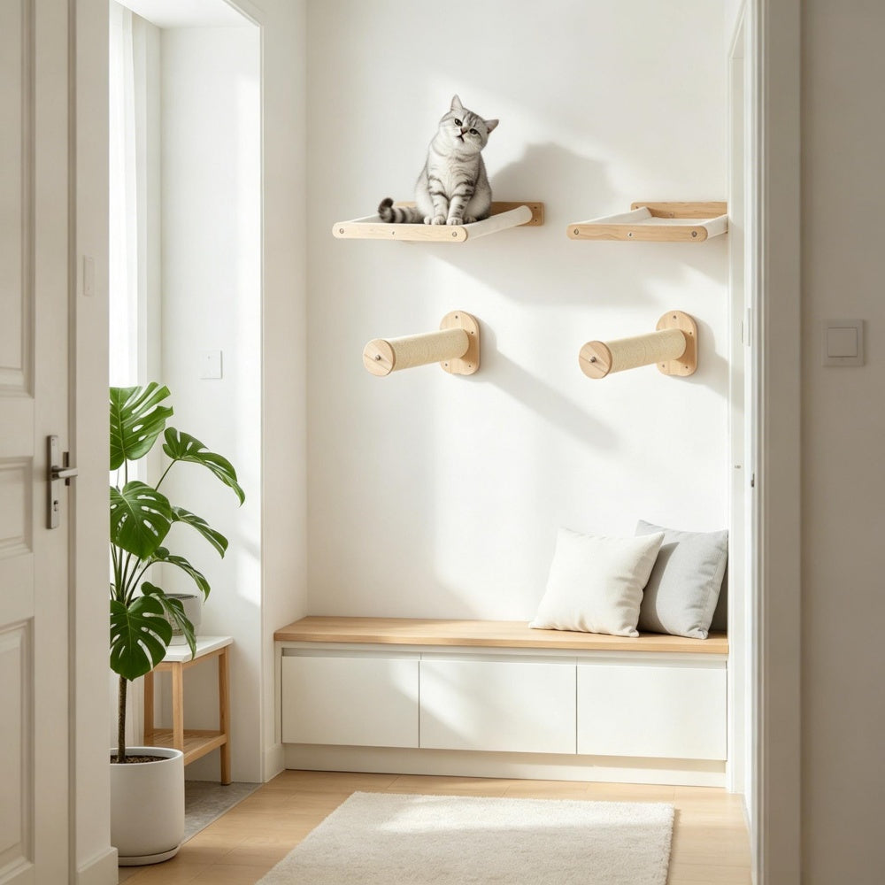 Wall Mounted Cat Shelf Set, Cat Wall Perch Hammock & Sisal Scratching Posts for Indoor Cats