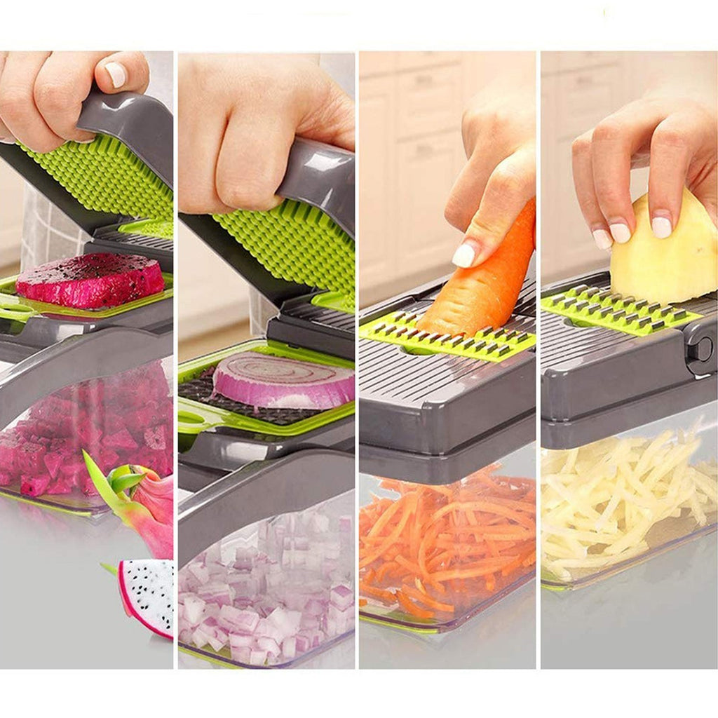 16 in 1 Vegetable Chopper, Multifunctional Veggie Slicer Dicer with 1.5L Storage Container, Interchangeable Blades & Hand Guard for Onion Carrot Fruit