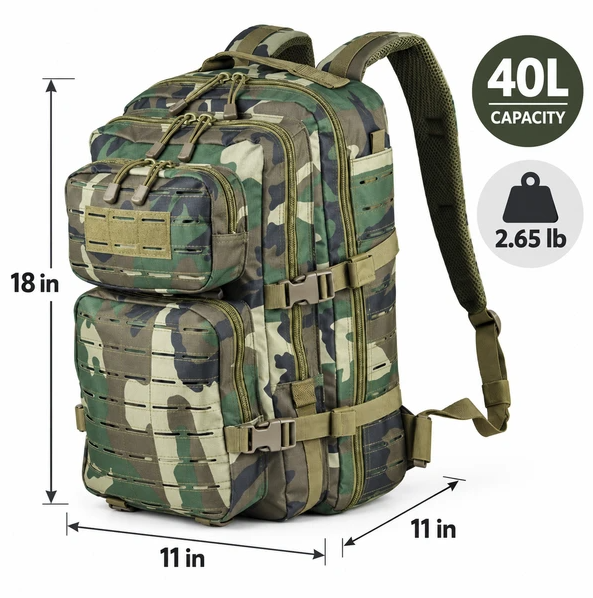 40L Tactical Military Backpack, MOLLE Laser-Cut Webbing Rucksack for Hiking, Camping, Hunting, Travel, 18"x11"x11"