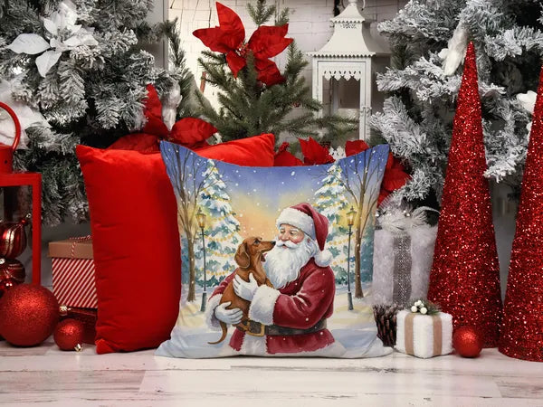 Aeelleea Dachshund with Santa Claus Pillow 18x18 Christmas Dog Decor