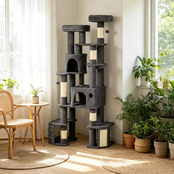 Aeelleea 79 Inch Tall Dark Gray Cat Tower, Reinforced Dual Baseboard Cat Tree, Multi-Level Cat Condo Scratching Post for Large Adult Cats