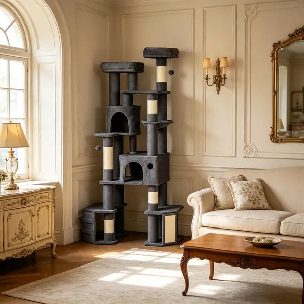 Aeelleea 79 Inch Tall Dark Gray Cat Tower, Reinforced Dual Baseboard Cat Tree, Multi-Level Cat Condo Scratching Post for Large Adult Cats
