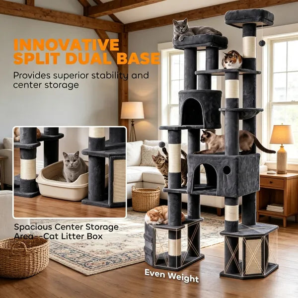 Aeelleea 79 Inch Tall Dark Gray Cat Tower, Reinforced Dual Baseboard Cat Tree, Multi-Level Cat Condo Scratching Post for Large Adult Cats