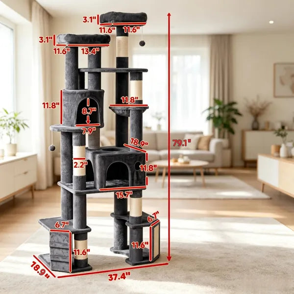 Aeelleea 79 Inch Tall Dark Gray Cat Tower, Reinforced Dual Baseboard Cat Tree, Multi-Level Cat Condo Scratching Post for Large Adult Cats