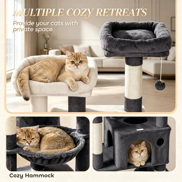 Aeelleea 79 Inch Tall Dark Gray Cat Tower, Reinforced Dual Baseboard Cat Tree, Multi-Level Cat Condo Scratching Post for Large Adult Cats