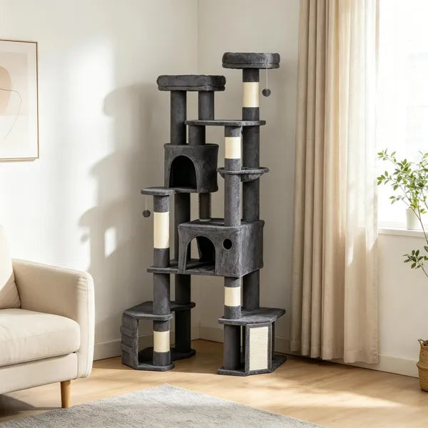 Aeelleea 79 Inch Tall Dark Gray Cat Tower, Reinforced Dual Baseboard Cat Tree, Multi-Level Cat Condo Scratching Post for Large Adult Cats