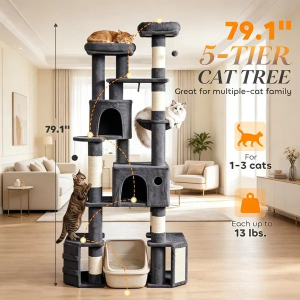 Aeelleea 79 Inch Tall Dark Gray Cat Tower, Reinforced Dual Baseboard Cat Tree, Multi-Level Cat Condo Scratching Post for Large Adult Cats