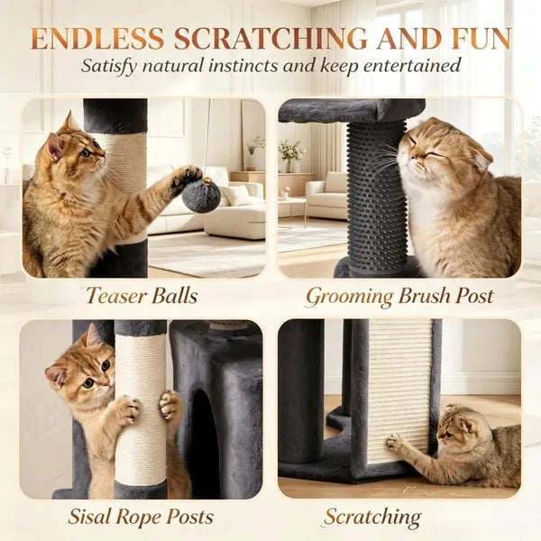Aeelleea 79 Inch Tall Dark Gray Cat Tower, Reinforced Dual Baseboard Cat Tree, Multi-Level Cat Condo Scratching Post for Large Adult Cats