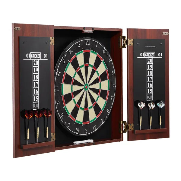 Official Size Dartboard & Cabinet Set, Ready-to-Play Kit with Steel Tip Darts, Easy Assembly, Complete Accessories for Cricket Games