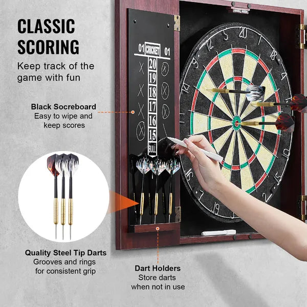 Official Size Dartboard & Cabinet Set, Ready-to-Play Kit with Steel Tip Darts, Easy Assembly, Complete Accessories for Cricket Games