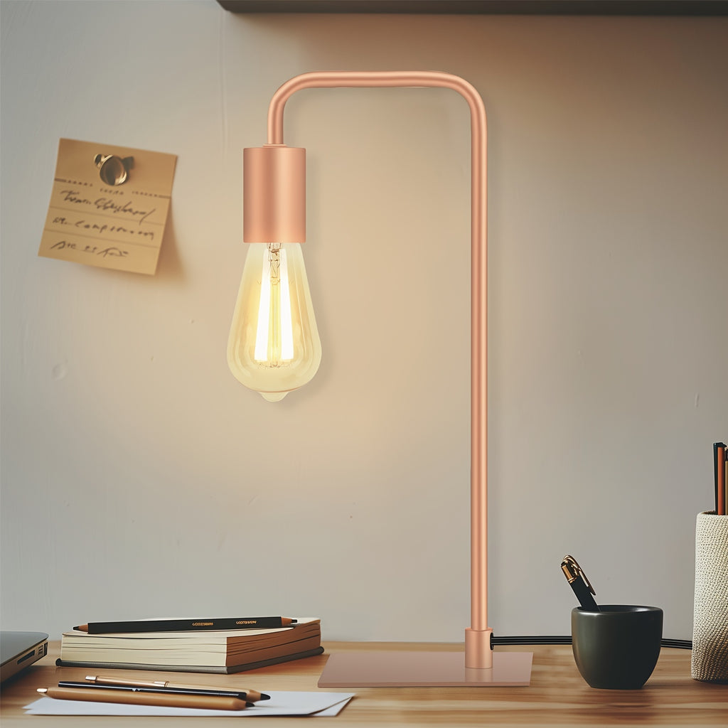 Rose Gold Desk Lamp - Edison Desk Lamp - Industrial Bedside Lamp For Bedroom, Living Room, Dormitory - Small Metal Lamp For Reading, Nightstand, Dressing Table