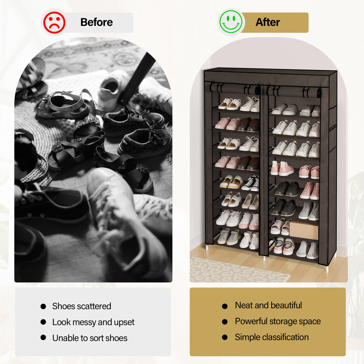 AEELLEEA- 10-Tier Double Row Shoe Rack, Gray Fabric Shoe Storage Organizer with Iron Frame, Freestanding Entryway Shoe Cabinet