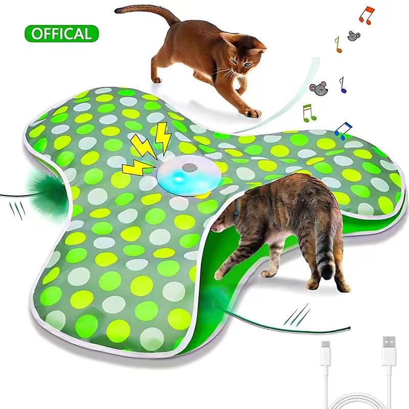 AEELLEEA Universal Size Touch-Activated Cat Toy - Moving Concealed Feathers, Real Mouse Squeak, Indoor Exercise Toy, Green