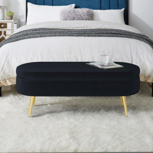 AEELLEEA 43 Inch Oval Storage Ottoman Bench, Black Textured Fabric Bench with Gold Metal Legs for Bedroom Entryway