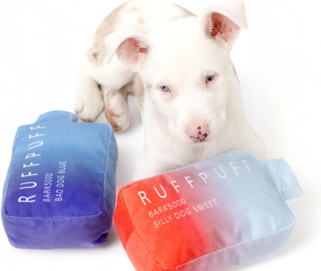 RUFF PUFF Dog Toys - Funny Cute Plush Dog Toys with Squeaker - Parody Dog Toy - Puppy Toys - Dog Birthday - Bark Toys (Red, Blue)