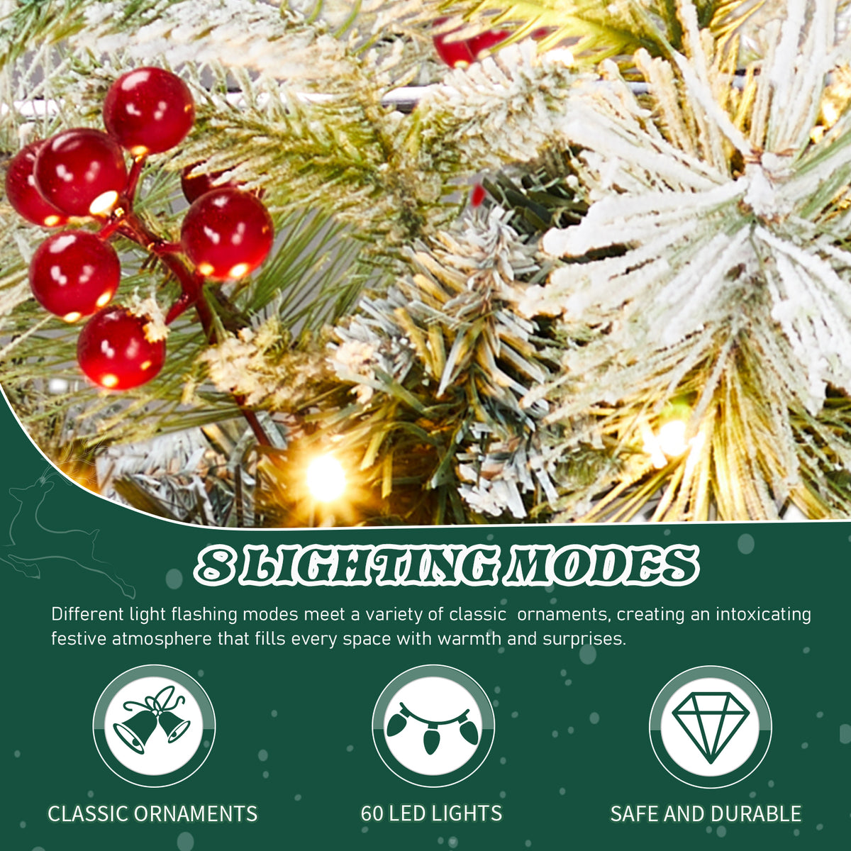 2Pcs 18" Lighted Christmas Wreaths, Snow Flocked PVC PE Wreath with Pinecones Red Berries, 60 Warm White Lights Battery Box 8 Modes