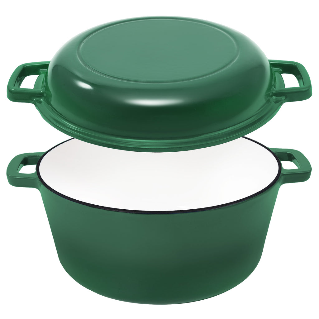 2 in 1 Enameled Cast Iron Dutch Oven, Multi-Functional Cover as Skillet, Dual Handles, Oven Safe, 3 Colors Available for Baking, Braising, Stewing