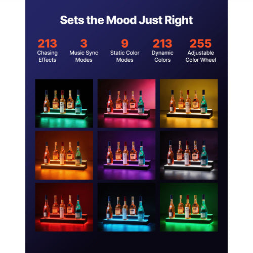 2 Tier 24 Inch LED Liquor Bottle Display, Lighted Acrylic Bar Shelf with RF Remote and APP Control, 9 Colors