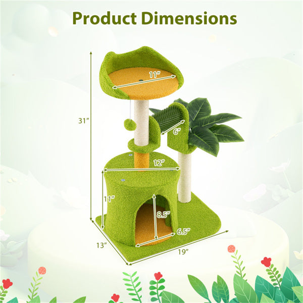 AEELLEEA 31-Inch Cat Tree Tower with Sisal Scratching Posts, Cat Condo, Self-Groomer and Hanging Pom-Pom Toy, Green