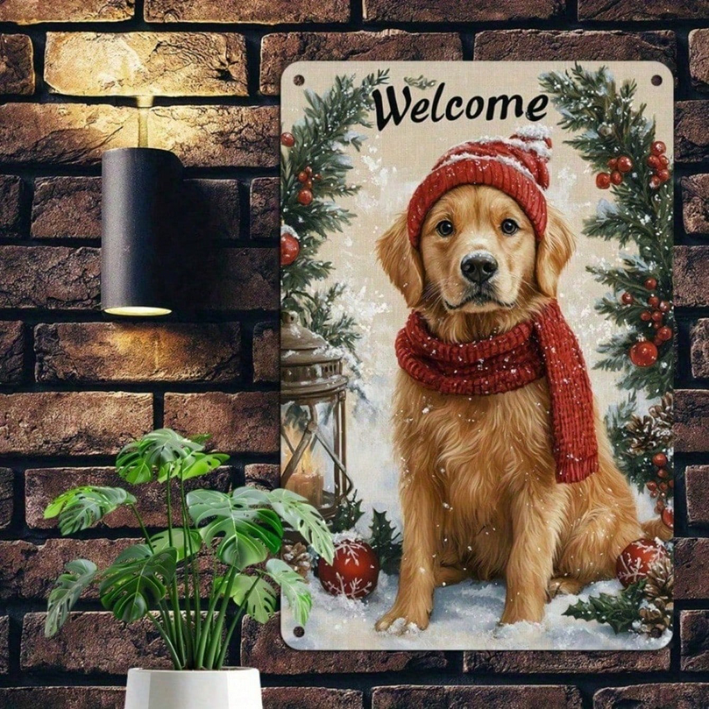 AEELLEEA-Retro Christmas Golden Retriever Welcome Metal Tin Sign, 11.81x7.87 Inch Vintage Wall Plaque, Winter Holiday Aluminum Poster