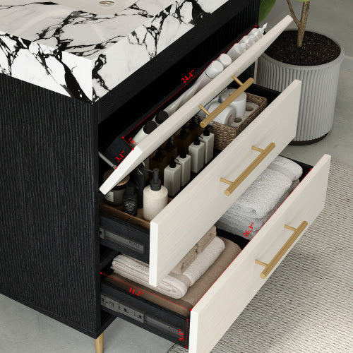 Black White Bathroom Vanity with Sink, Freestanding 3-Drawer Storage Cabinet with Marble Top Gold Legs, Modern Lavatory Console for Bathroom