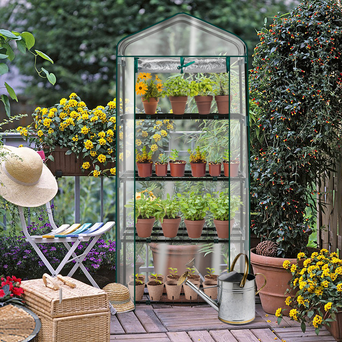 AEELLEEA-4-4-Tier Mini Greenhouse with PVC Cover & Roll-Up Zipper Door, Portable Waterproof Greenhouse for Garden Backyard. 27"x19"x62", transparent cover guards plants, easy to assemble & move, ideal for seedlings