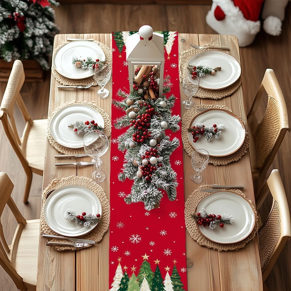 Christmas Table Runner, 13×72 Inch Faux Linen Polyester, Christmas Tree & Snowflake Print, Machine Washable Holiday Table Decoration